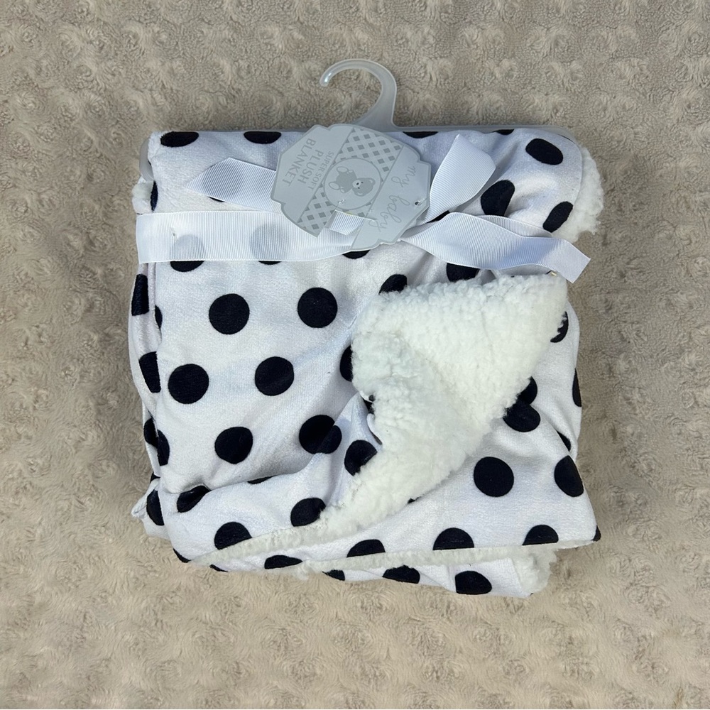 My Baby Black White Polka Dots Blanket Security Lovey Sherpa NEW